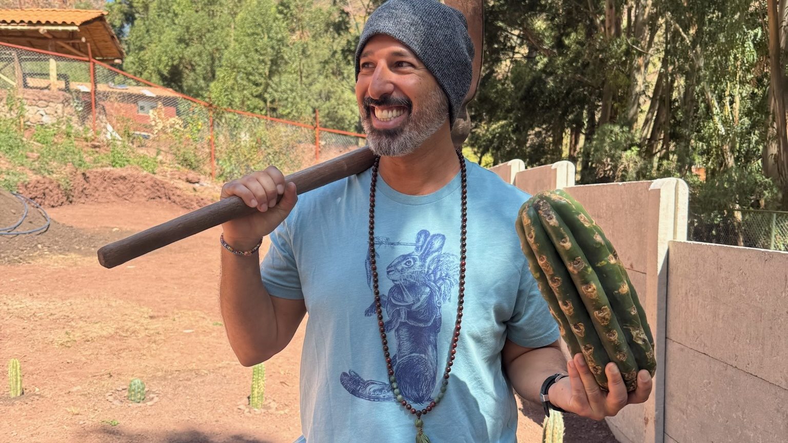 Someone outdoors holding a long section of huachuma cut open lengthways